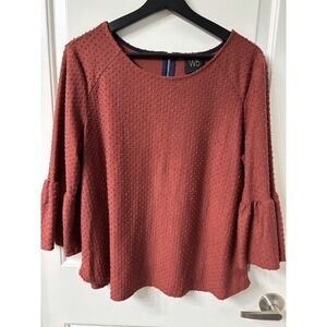 W5 Anthropologie Raised Polka Dot Textured Knit 3/4 Sleeve Zip Blouse Red Rust L